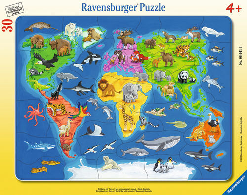 Rahmenpuzzle: Weltkarte mit Tieren